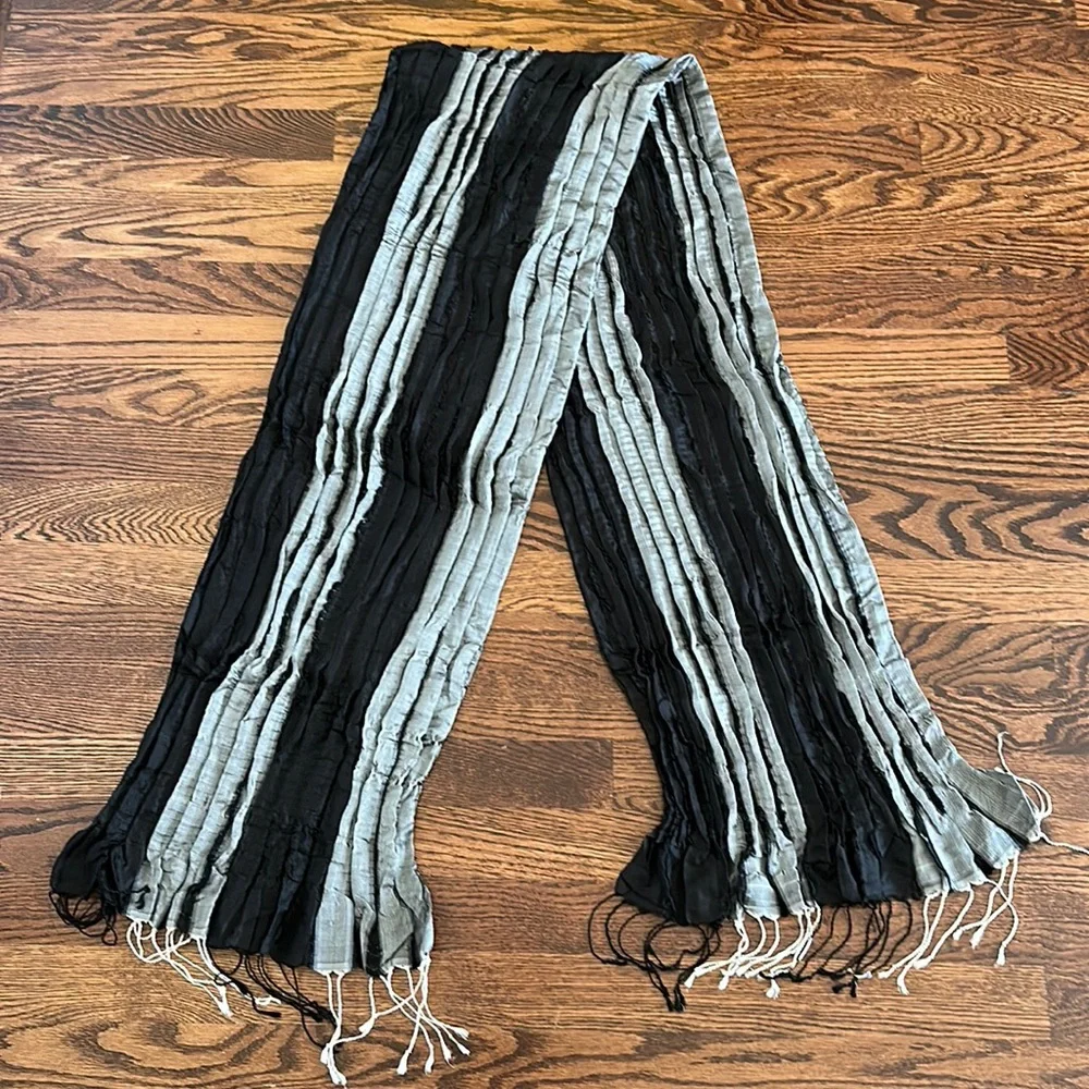 Sevya handmade crinkled silk rectangular oblong scarf with fringe black silver